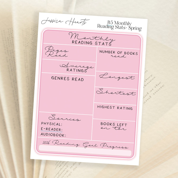 Monthly Reading Stats (B5) - Spring - Jessica Hearts