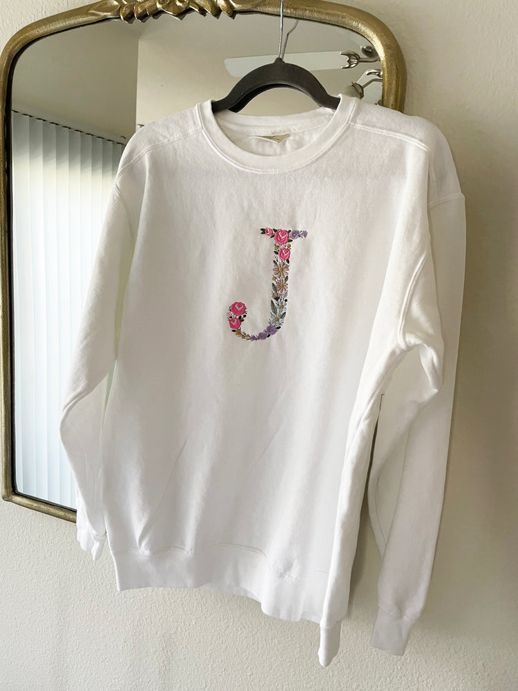 White Floral Letter Embroidered Sweatshirt