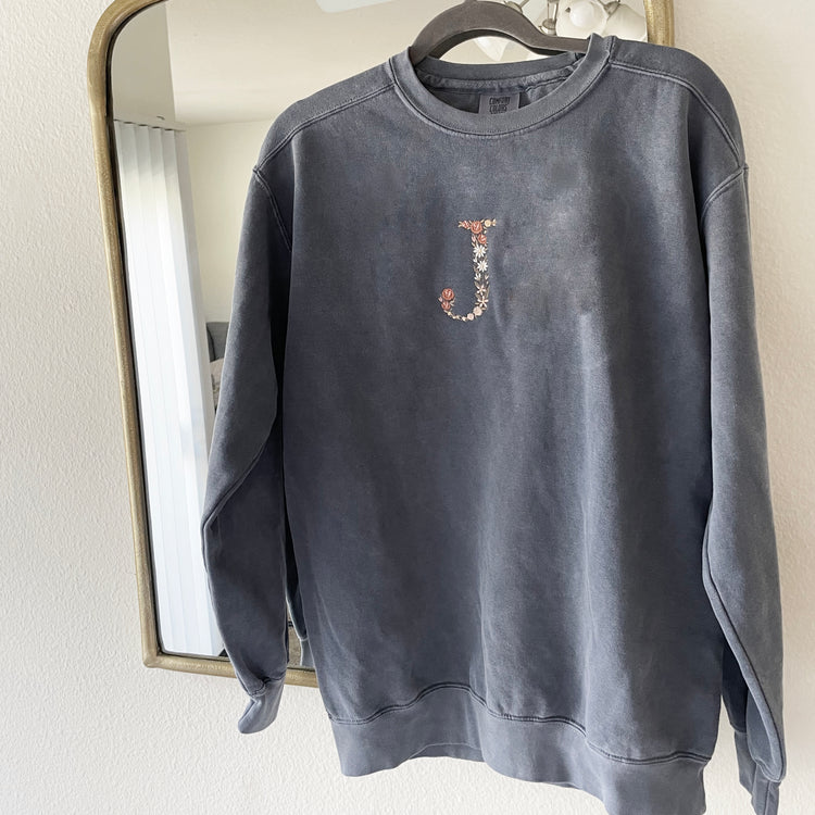 Grey Floral Letter Embroidered Sweatshirt