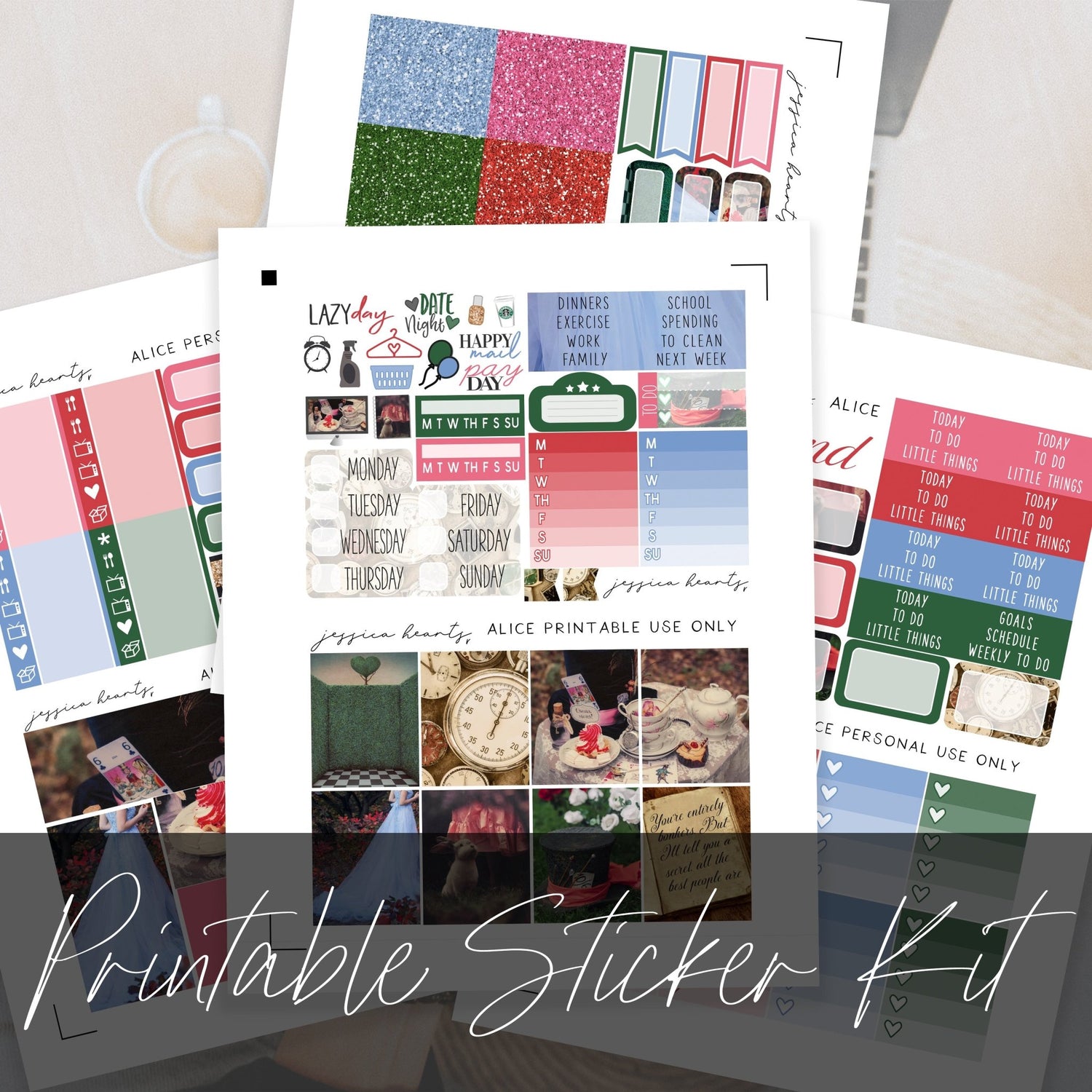 Alice Printable Planner Sticker Kit - Jessica Hearts