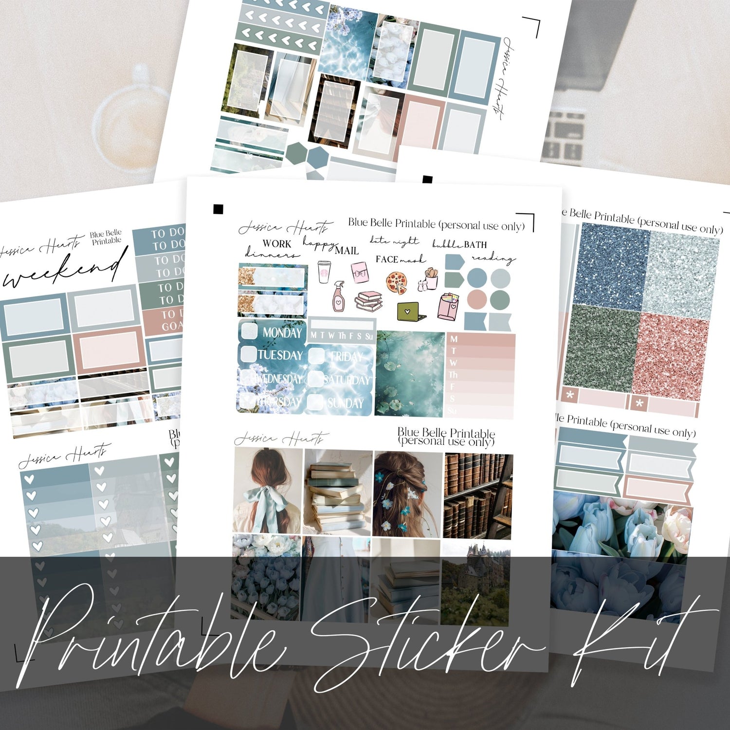 Blue Belle Printable Planner Sticker Kit - Jessica Hearts