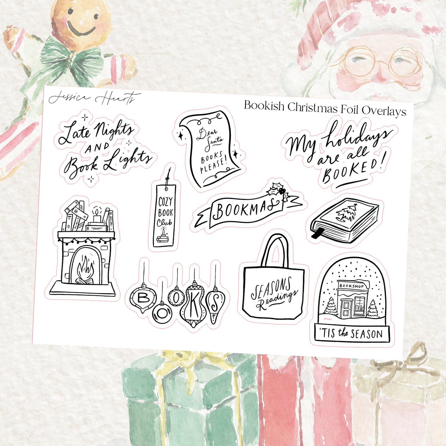 Bookish Christmas Foil Overlay Sticker Sheet (Transparent) - Jessica Hearts