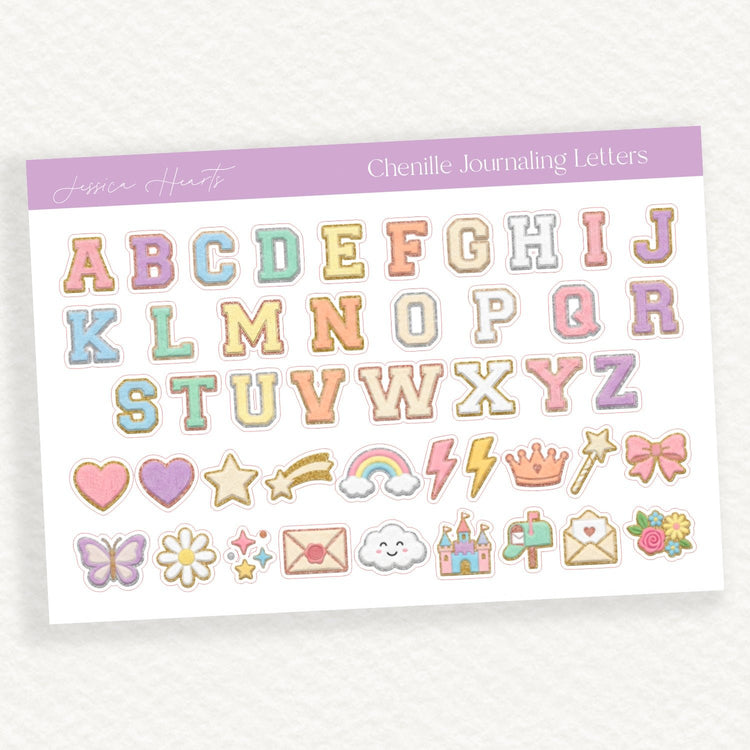 Chenille Journaling Letters Sticker Sheet - Jessica Hearts