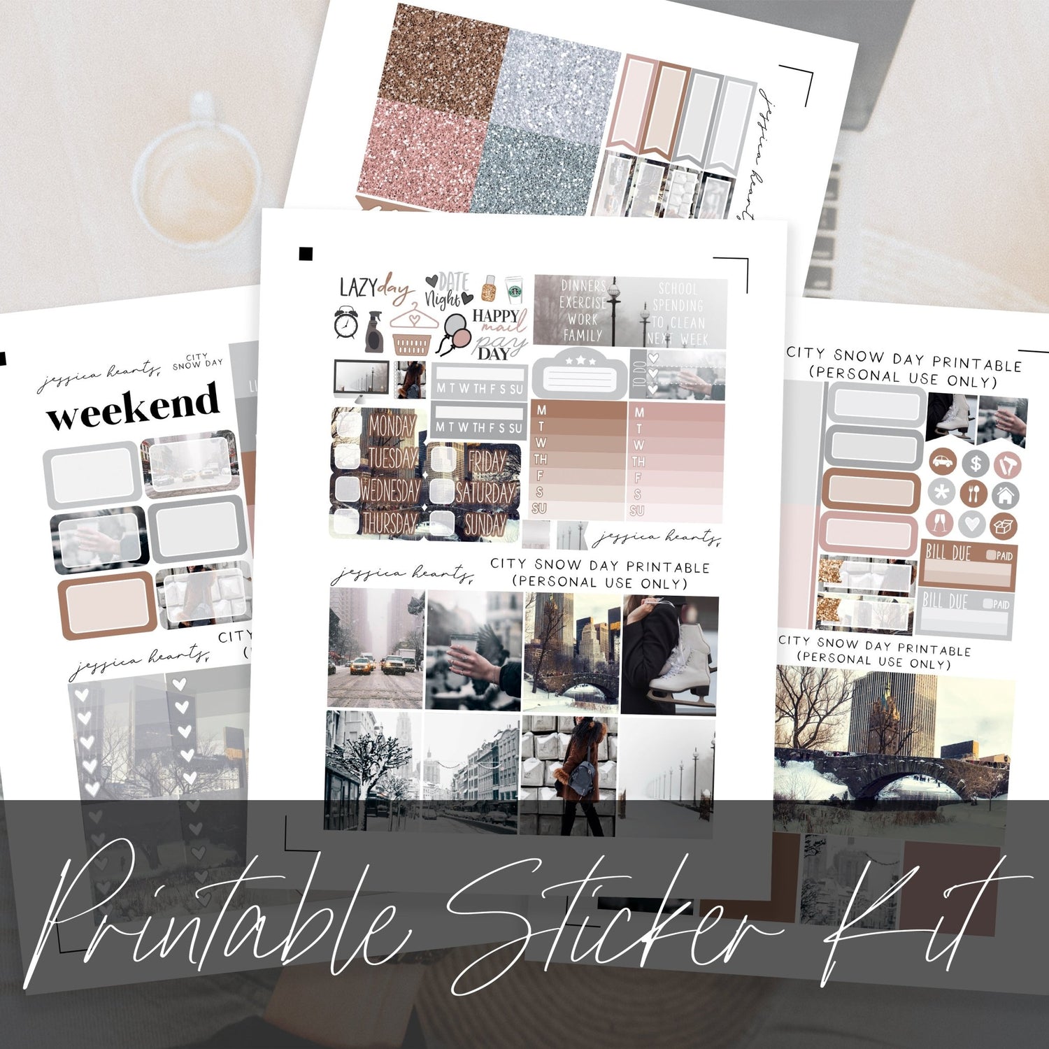 City Snow Day Printable Planner Sticker Kit - Jessica Hearts