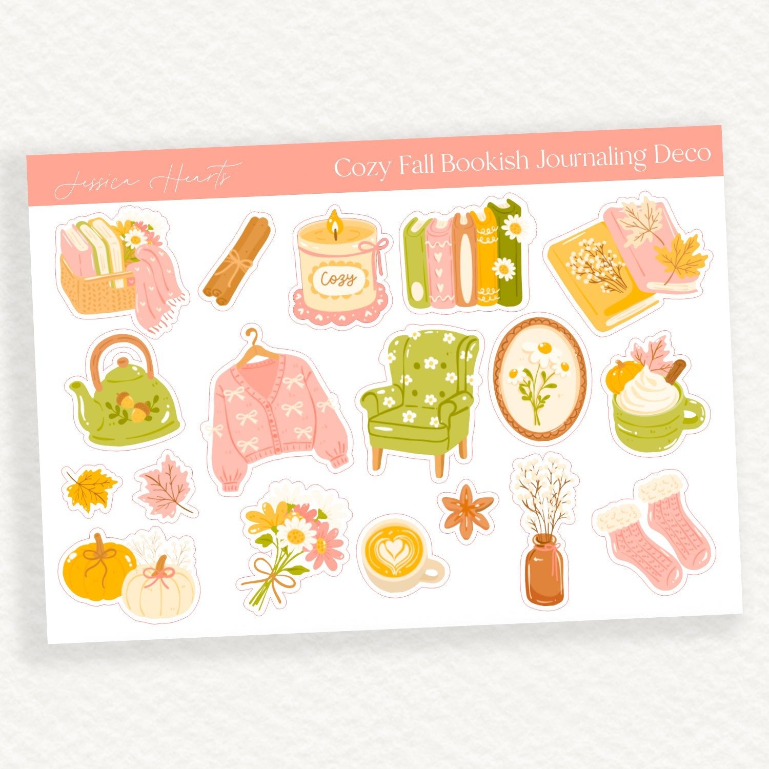 Cozy Fall Bookish Journaling Deco Sticker Sheet - Jessica Hearts