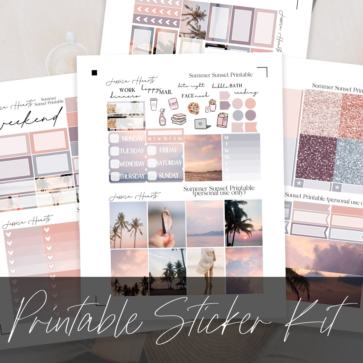 Summer Sunset Printable Planner Sticker Kit - Jessica Hearts