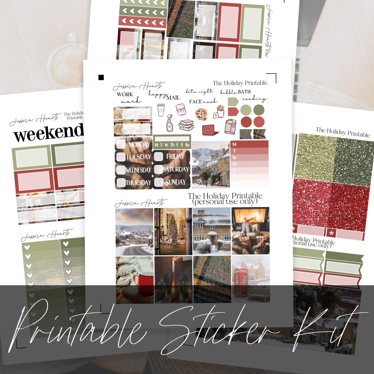 The Holiday Printable Planner Sticker Kit - Jessica Hearts