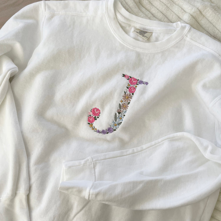 White Floral Letter Embroidered Sweatshirt